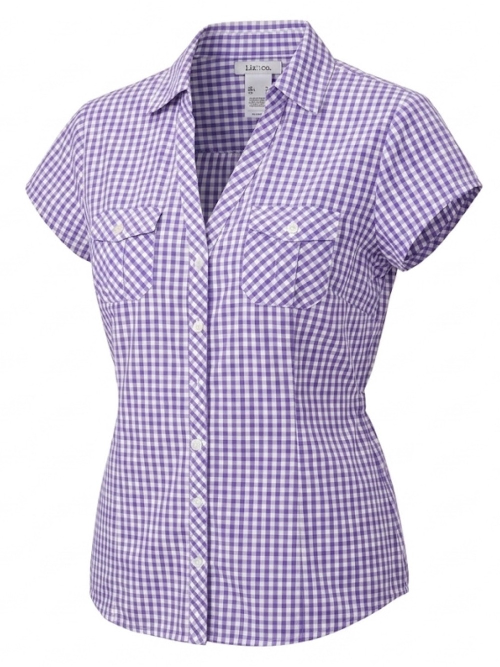 Liz & Co Purple Gingham Plaid Western Button Up Blouse Large